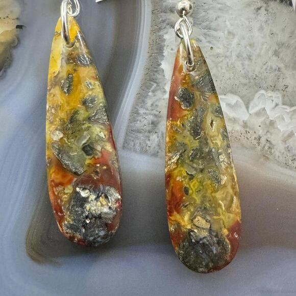 Sterling Silver Elongated Teardrop Red Marcasite Slab Dangle Earrings #206 - Picture 6 of 10